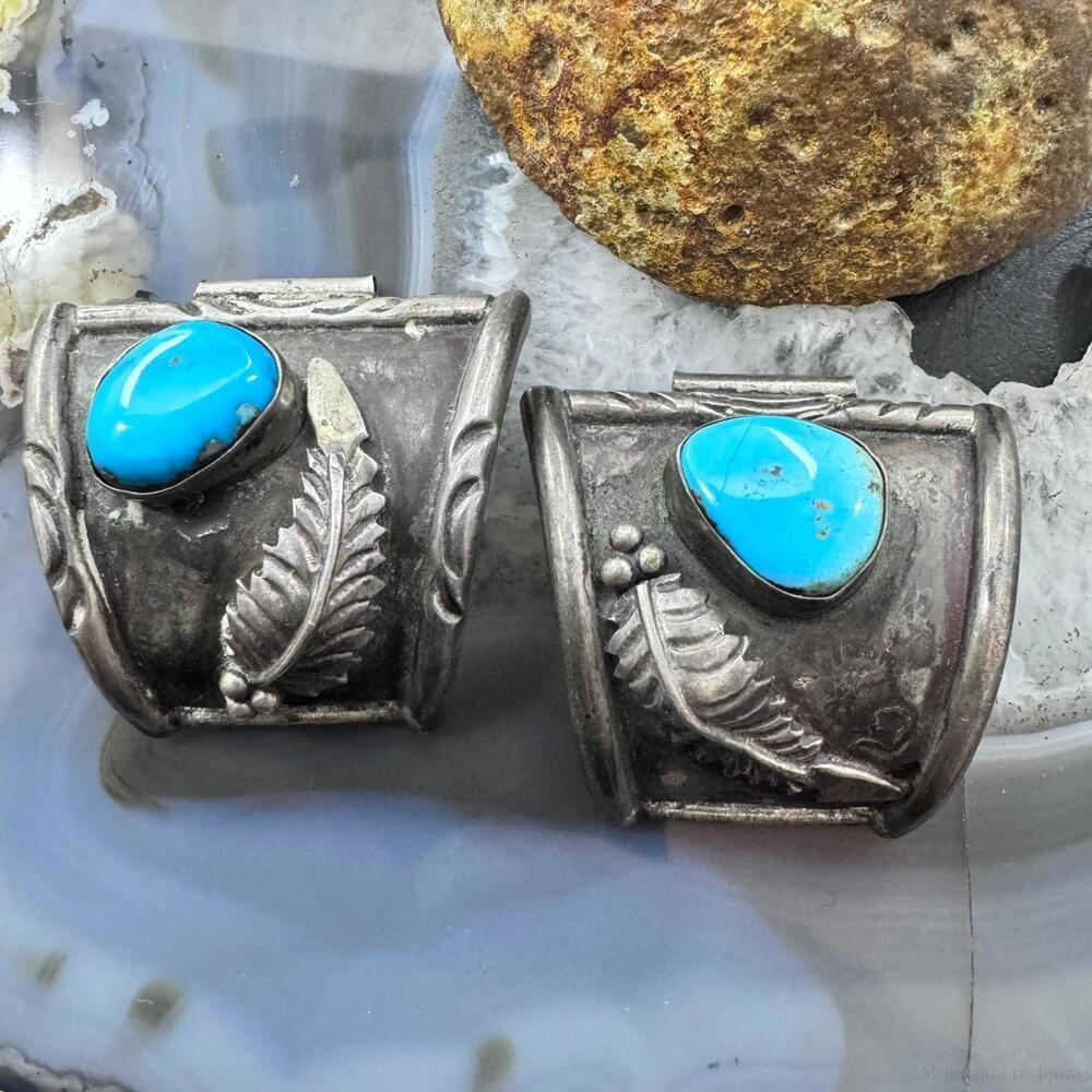 Native American Vintage Silver 2 Natural Turquoise Decorated Watch Band Tips